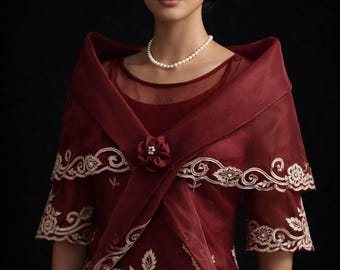 Formal Modern Maria Clara Filipiniana Kimona with Embroidered Panuelo/ Alampay/Shawl- Burgundy #5468