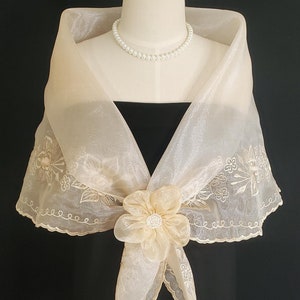 Panuelo Filipiniana Alampay with Flower Brooch Barong Tagalog With  Maria Clara Beige Embroidered Shawl  #5660A