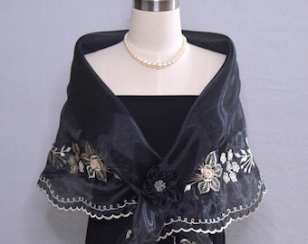 Panuelo Filipiniana Alampay Baro't Saya Mestiza Maria Clara Black Embroidered Shawl  #5662A