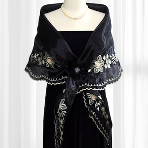 Panuelo Filipiniana Alampay Panuelo with Flower Brooch Black Embroidered Shawl  #5662A
