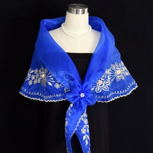 Panuelo Filipiniana Alampay with Flower brooch Barong Tagalog With  Maria Clara Royal Blue Embroidered Shawl  #5666A