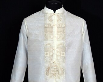 Barong Tagalog Philippine Modern  Chinese Collar Filipino Formal Beige Dress Shirt #1082