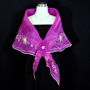 Filipininana Alampay Panuelo with Flower brooch | Barong Tagalog | Philippine Mestiza Magenta Embroidered Shawl  #5688A