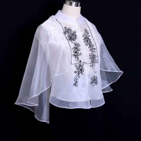 Women's Cape/Poncho Formal Black Embroidered Off White Barong with High Low Hem #5779