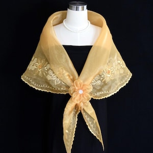 Filipiniana Alampay Panuelo with Flower Brooch Barong Tagalog | Philippine Mestiza Gold Embroidered Shawl #5687A