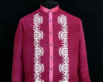 Barong Tagalog Filipino Modern National Costume Burgundy #3248 ( BURGUNDY BARONG TAGALOG)