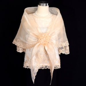 Formal Modern Maria Clara , Filipiniana Kimona with Embroidered Panuelo/ Alampay/Shawl- Beige #5410