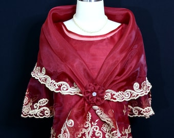 Formal Modern Maria Clara Filipiniana Kimona with Embroidered Panuelo/ Alampay/Shawl- Burgundy #5468