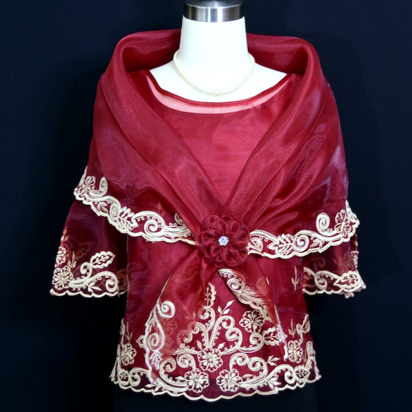 Formal Modern Maria Clara Filipiniana Kimona with Embroidered Panuelo/ Alampay/Shawl- Burgundy #5468