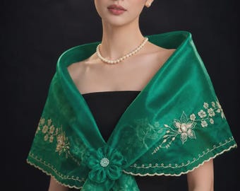Filipininana Alampay Panuelo with Flower brooch | Barong Tagalog | Philippine Mestiza Green Embroidered Shawl  #5679