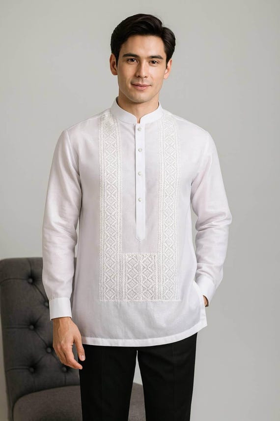 White Barong Tagalog Filipino Formal Shirt | Philippine National Costume #1081 White Barong Tagalog Filipino Formal Shirt | Philippine National Costume #1081