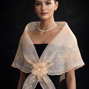 Panuelo Filipiniana Alampay with Flower Brooch Barong Tagalog With  Maria Clara Beige Embroidered Shawl  #5660A