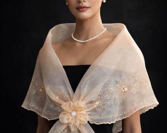 Panuelo Filipiniana Alampay with Flower Brooch Barong Tagalog With  Maria Clara Beige Embroidered Shawl  #5660A