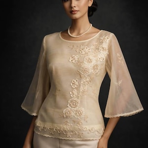 Filipiniana Formal Embroidered Traditional Short Sleeves Maria Clara Beige Kimona National Costume #5260