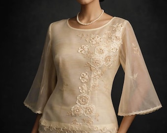 Filipiniana Formal Embroidered Traditional Short Sleeves Maria Clara Beige Kimona National Costume #5260