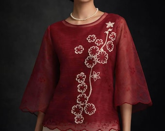 Filipiniana Formal Embroidered Traditional Bell Sleeves Maria Clara Burgundy Kimona National Costume #5268