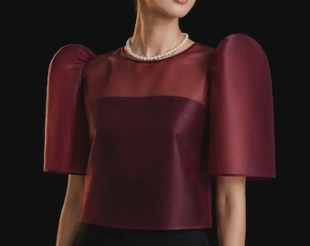 Red Wine Organza Mestiza Blouse | Modern Filipiniana Top for Women #5130RW