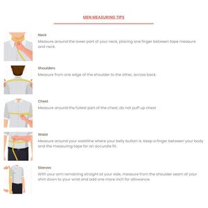 May include: An instructional infographic titled MEN MEASURING TIPS featuring five illustrations of a torso wearing a white shirt. Each section provides text instructions for measuring the neck, shoulders, chest, waist, and sleeves using a yellow tape.