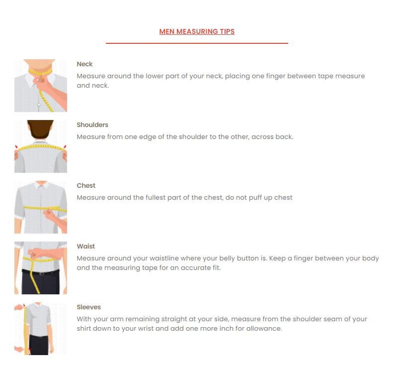May include: An instructional infographic titled MEN MEASURING TIPS featuring five illustrations of a torso wearing a white shirt. Each section provides text instructions for measuring the neck, shoulders, chest, waist, and sleeves using a yellow tape.