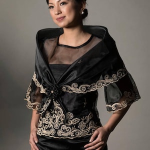 Formal Modern Maria Clara , Filipiniana Kimona with Embroidered Panuelo/ Alampay/Shawl- Black #5462
