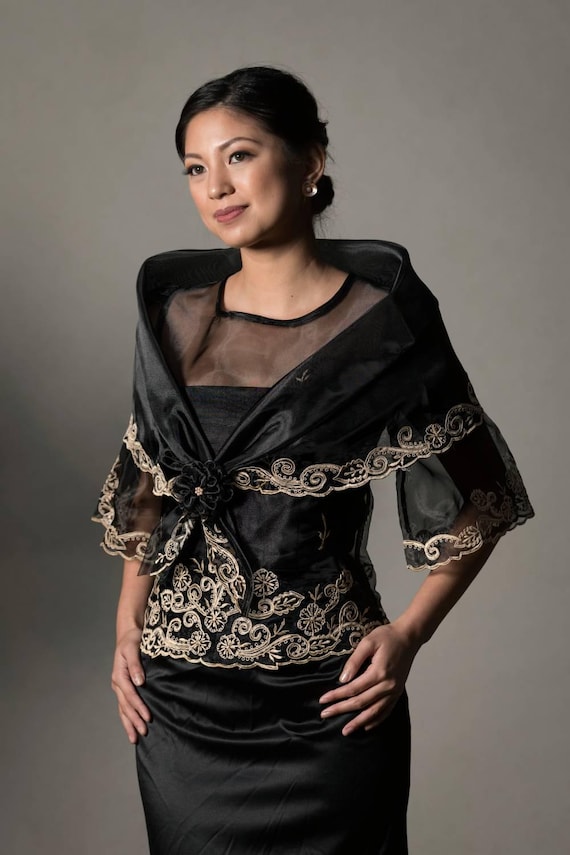 filipiniana dress black Midnight Elegance Black Modern Filipiniana Gown - Yen
