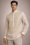Barong Tagalog Filipino Chinese Collar Formal Beige Shirt Philippine Modern Costume #2207