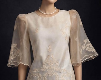 Filipiniana Formal Embroidered Traditional Short Sleeves | Maria Clara Beige Kimona | National Costume #5279