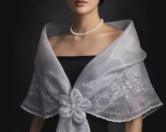 Filipininana Alampay Panuelo with Flower brooch | Barong Tagalog | Philippine Mestiza Gray Embroidered Shawl #5663A