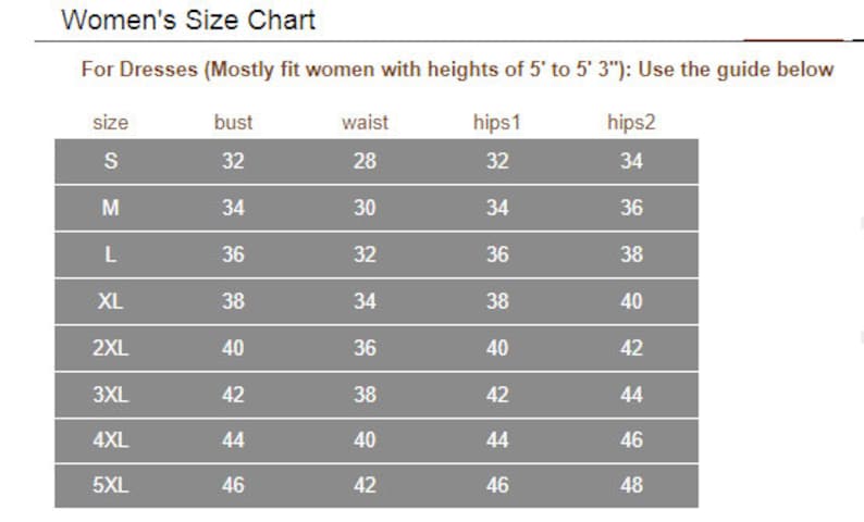 May include: A size chart table for dresses with the heading Women's Size Chart. The table lists sizes from S to 5XL with corresponding measurements for bust, waist, hips1, and hips2. It includes a note for heights of 5' to 5' 3".