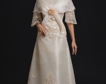 Maria Clara Filipiniana with Embroidered Pañuelo Collar Formal Gown | Philippine National Costume #6023