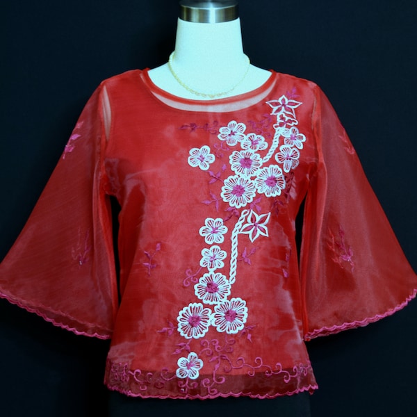 Filipiniana Formal Embroidered Traditional Bell Sleeves Maria Clara Burgundy Kimona National Costume #5268