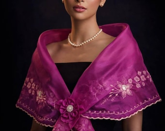 Filipininana Alampay Panuelo with Flower brooch | Barong Tagalog | Philippine Mestiza Magenta Embroidered Shawl  #5688A