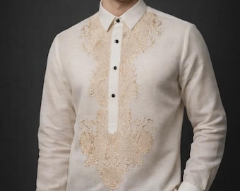 Barong Tagalog Traditional Filipino Ivory Formal Shirt Philippine National Costume #1532