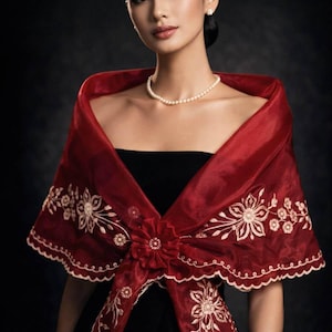 Filipiniana Alampay Barong Tagalog Mestiza Burgundy Embroidered Shawl #5668A