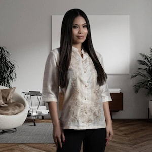Ladies Barong Tagalog | Filipiniana Beige Formal Embroidered Beige National Costume #5160