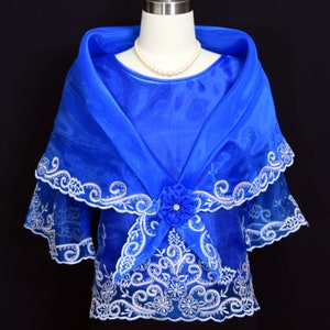 Formal Modern Maria Clara Filipiniana Kimona with Embroidered Panuelo/ Alampay/Shawl- Royal Blue #5465
