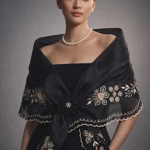 Panuelo Filipiniana Alampay Panuelo with Flower Brooch Black Embroidered Shawl  #5662A