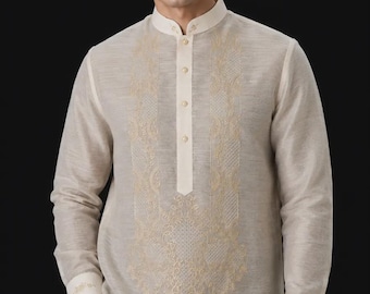 Barong Tagalog Filipino Chinese Collar Formal Beige Shirt Philippine Modern Costume #2207