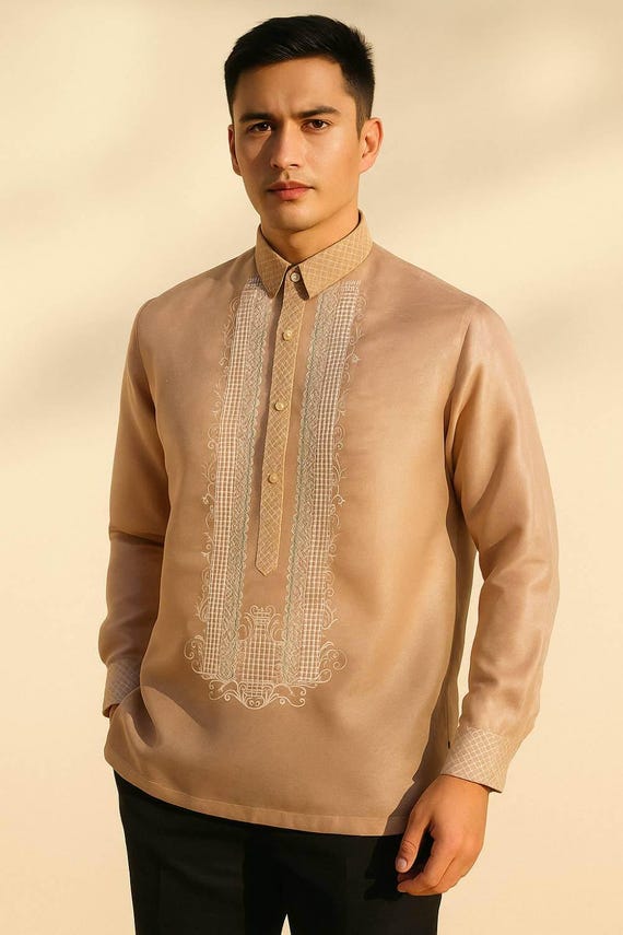 Barong Tagalog Mocha Filipino Formal Shirt | Philippine National Costume #3538 Barong Tagalog Mocha Filipino Formal Shirt | Philippine National Costume #3538
