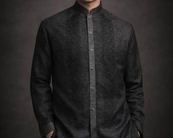 Barong Tagalog Filipino Black Formal Shirt Philippine National Costume #3002