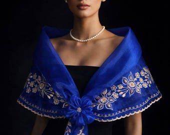 Royal Blue Embroidered Filipiniana Alampay Shawl with Brooch