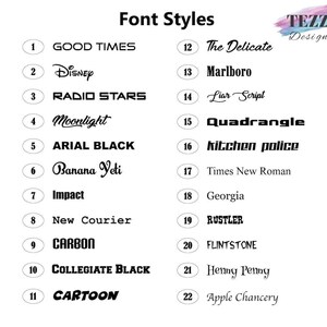 a list of various font styles, including "Good Times", "The Delicate", "Disney", "Radio Stars", "Moonlight", "Quadrangle", "Ariel Black", "kitchen police", "Impact", "New Courier", "CARBON", "College Black", "HENNY PENNY", and "Apple Chancery".