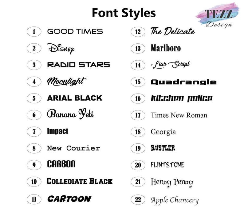 a list of various font styles, including "Good Times", "The Delicate", "Disney", "Radio Stars", "Moonlight", "Quadrangle", "Ariel Black", "kitchen police", "Impact", "New Courier", "CARBON", "College Black", "HENNY PENNY", and "Apple Chancery".
