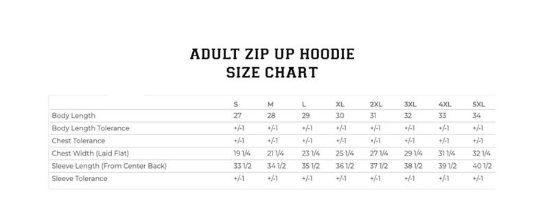the size chart for a toddler's zip hoodie
