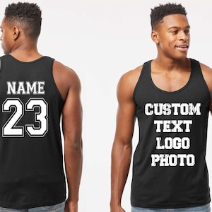Gepersonaliseerde tanktop, aangepaste tekst unisex tanktop voor mannen, vrouwen, aangepast ontwerp, aangepaste vrijgezellentanktop, voor-achterprint