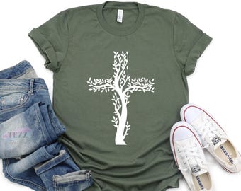 Christian Shirt, Cross Tree Floral Tee | Sueded Jersey | Pre-Shrunk | Retail Fit | Belief Wear
