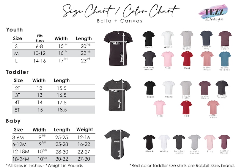 May include: Size chart and color chart for Bella + Canvas t-shirts in youth, toddler, and baby sizes. The chart includes measurements in inches for width and length, as well as weight in pounds for baby sizes. The color chart shows a variety of colors, including black, white, heather grey, pink, red, and more.