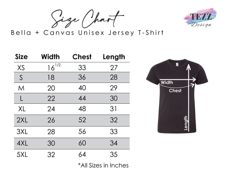 May include: Size chart for a unisex jersey t-shirt, showing measurements in inches for width, chest, and length for sizes XS to 5XL.