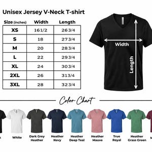 The image is a color chart displaying various unisex jersey v-neck t-shirt sizes and corresponding colors. The chart includes a table with size measurements and color options, and a list of different colored t-shirts.