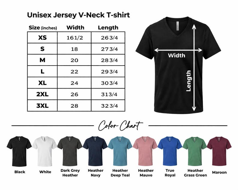 The image is a color chart displaying various unisex jersey v-neck t-shirt sizes and corresponding colors. The chart includes a table with size measurements and color options, and a list of different colored t-shirts.